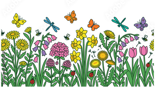 Spring meadow seamless horizontal border with colorful flowers and insects