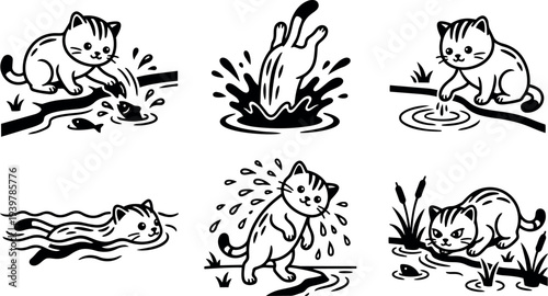 Tattoo flash set of six playful kittens splashing and fishing at pond close up icons in black line art vector cute