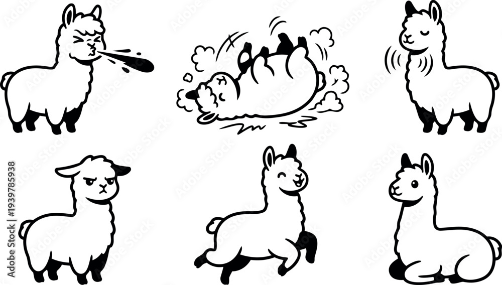 Obraz premium Line art cartoon set of six playful alpaca poses showing spitting, rolling, prancing, sitting relaxed expressions in black and white
