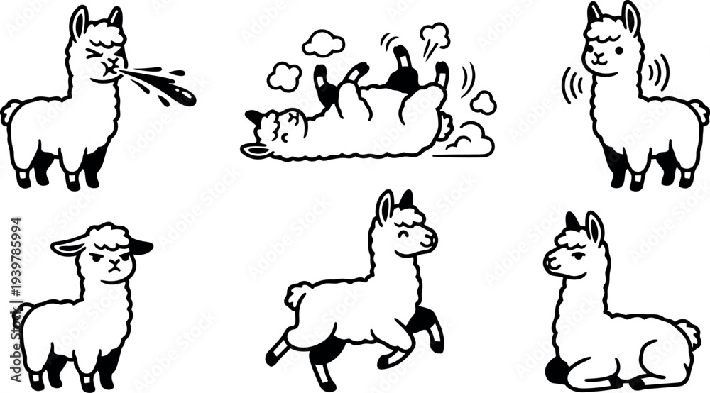 Obraz premium Line art playful alpaca sticker set showing six expressive poses spitting rolling prancing sitting lying grumpy profile cute