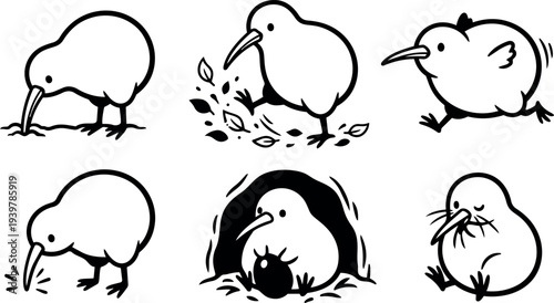 Line art vector kiwi bird icon set with six playful poses digging feeding running hatching resting cute minimalist black white