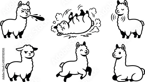 Line art cartoon set of six playful alpaca poses showing spitting, rolling, prancing, sitting relaxed expressions in black and white