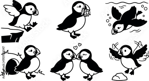Cartoon puffin vector set showing six playful puffin poses including flying, diving, kissing, holding fish, near egg cliff silhouette icons