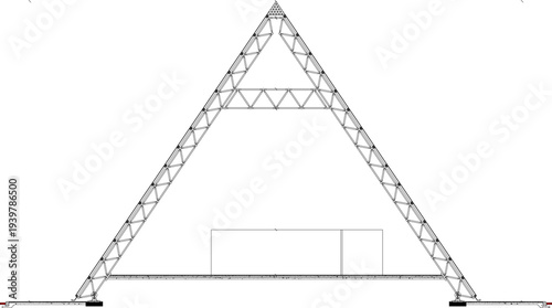 Technical architectural drawing of triangular truss structure showing roof framework, structural beams and supports, engineering blueprint in black and white line art style.