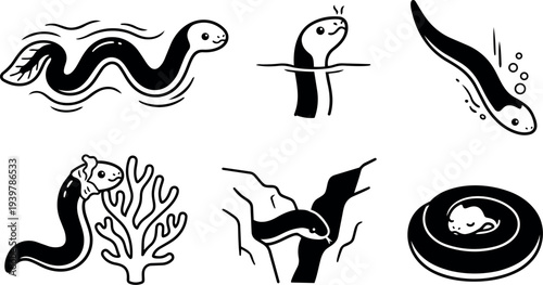 Minimalist line art eel icon set showing six distinct poses including swimming, peeking, hiding, coiled, coral interaction and rock crevice