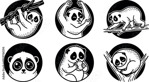 Tattoo flash panda badge set showing six black and white circular panda poses hanging on branches eating and sleeping close up