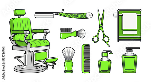 Barber Shop Equipment Set: Chair, Scissors, Razor, Brushes, Comb, Towel