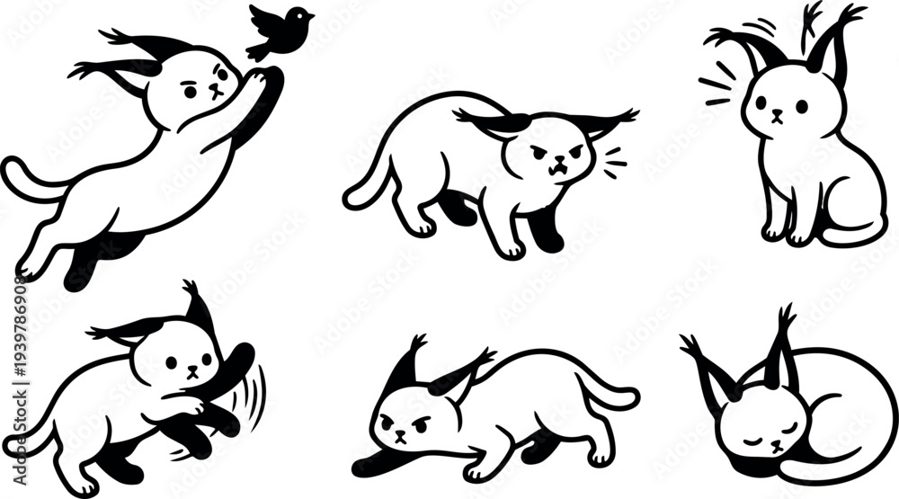 Obraz premium Line art kitten pose sheet with six black and white cat vectors pouncing, stalking, scratching, sitting, sleeping, leaping, yawning alert