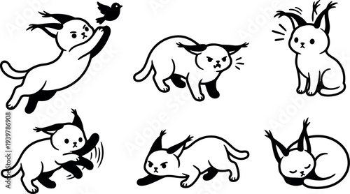 Line art kitten pose sheet with six black and white cat vectors pouncing, stalking, scratching, sitting, sleeping, leaping, yawning alert