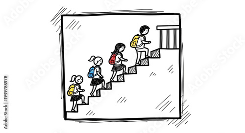 Children Climbing Stairs in a Line Illustration.