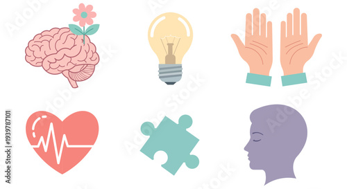 Set of icons representing mental health, ideas, and well-being concepts