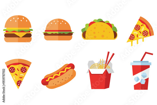 Collection of popular fast food items including burgers, pizza, tacos, and noodles