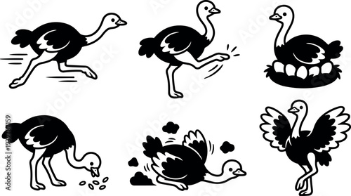 Line art ostrich action icon set showing running kicking nesting feeding tumbling and flapping in bold black vector style playful