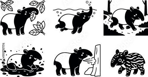 Flat design set of playful tapir vector icons showing leaf eating, swimming, walking, mud bathing, scenting tree and striped baby