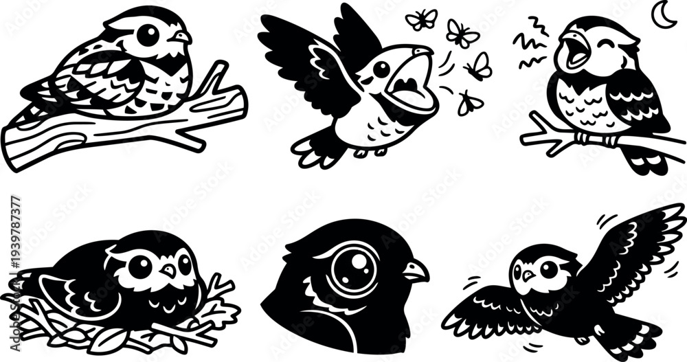 Fototapeta premium Tattoo flash six bird poses including perched singing nest close up flying resting with moon butterflies in bold black line art