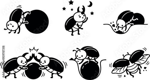 Cartoon vector line art close up of playful scarab beetles rolling and inspecting dung balls in simple black and white layout