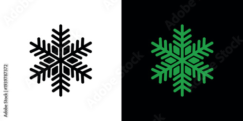 Black and green snowflakes on white and black backgrounds