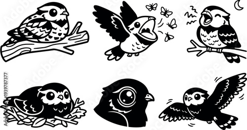 Tattoo flash six bird poses including perched singing nest close up flying resting with moon butterflies in bold black line art