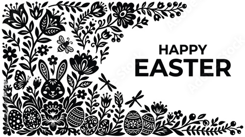 Happy easter with monochrome bunny ornate eggs and floral elements