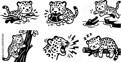 Tattoo flash set of six playful leopard cub icons showing swimming, biting shell, leaping over crocodile, climbing tree, roaring sleeping