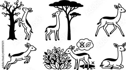 Line art vector icon set showing multiple graceful gazelle poses interacting with trees bushes jumping eating resting minimal wildlife illustrations