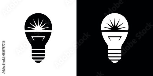 Black and white light bulb with sunburst symbol