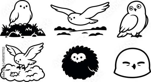 Line art whimsical owl icon set showing six cute bird poses including flying perched fluffy sleeping and hunting closeup mouse