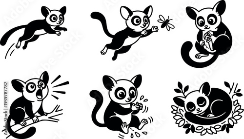 Tattoo flash bushbaby character set showing playful leaping catching insect grooming calling washing sleeping in bold black linework vector icons