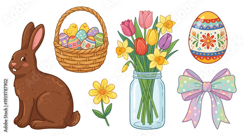Easter decorations with chocolate bunny and colorful flowers in vase