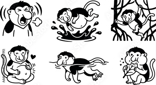 Line art six panel monkey comic showing yawning ape, diving splash, tree climbing, belly hug, swimming and leaf eating playful expressions