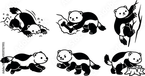Tattoo flash set of six playful wolverine poses climbing digging gnawing running crouching cute black and white vector sticker outline