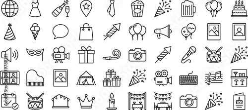 party, celebration, event, festival, birthday, wedding, entertainment, music, decoration, fun, holiday, joy, gift, balloon, cake, confetti, carnival, invitation, icons, vector
