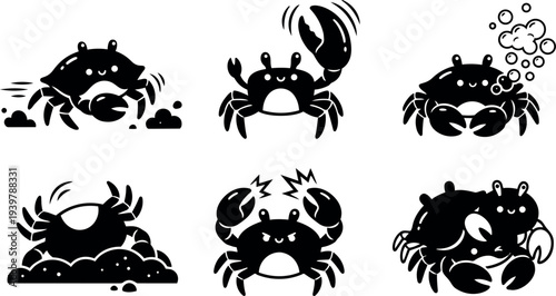 Flat design crab silhouette icon set showing six playful crabs in different poses close up on white background vector collection cheerful