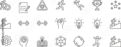 Personal development and achievement icon set, black and white line icons, innovation, progress, motivation, vector illustration pack