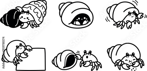 Line art playful hermit crab character set showing six poses including peeking waving holding sign eating shells close up adorable vector