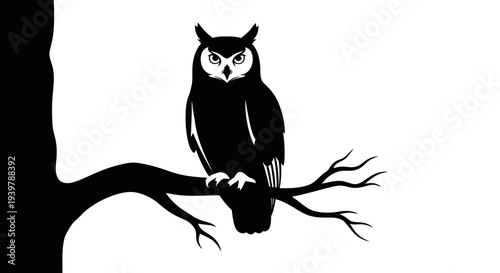 Minimalist Silhouette Owl Perched on Tree Branch, Black and White Vector Art