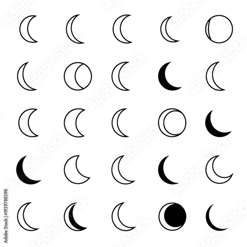 Moon Phases Icon Set - Lunar Cycle Celestial Body Vector Illustration