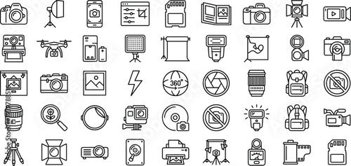 photography, camera, video, filming, equipment, studio, media, production, digital, lens, lighting, recording, content, creator, multimedia, technology, professional, creative, icons, vector