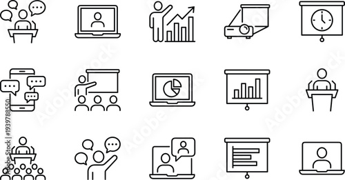 Professional presentation, webinar, online meeting and communication icon set with business training, video conference, analytics, teaching and public speaking symbols