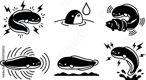 Minimalist line art close up eel mascot icons showing playful electric splash, swimming and catching fish in black and white vector