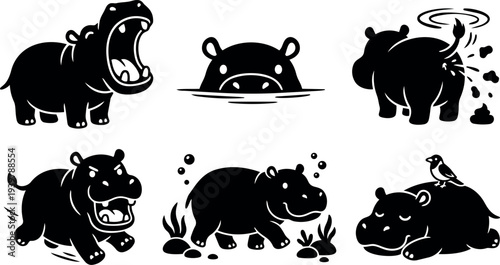 Flat cartoon hippo character set showing six playful silhouettes in different poses swimming yawning running and resting black vector illustration