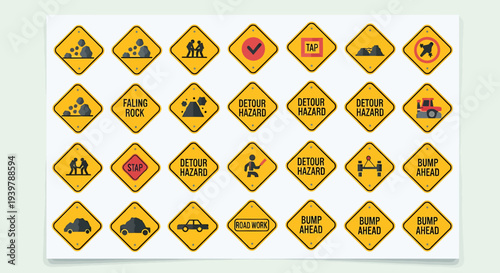 Collection of yellow diamond-shaped warning signs with various icons and text on a white background viewed from directly above