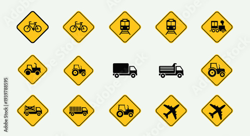 Various vehicles and modes of transport indicated by warning signs in a grid pattern