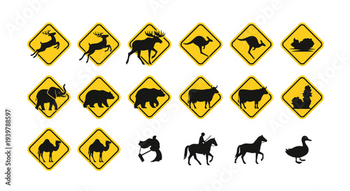 Collection of animal warning signs and silhouettes on a set of yellow diamond-shaped backgrounds viewed from the front