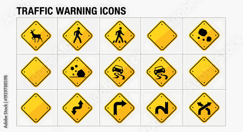 Collection of yellow traffic warning icons on grid, various signs for pedestrian, animal, and road hazards