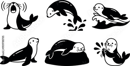 Line art playful seal icon set showing six poses yawning jumping sliding resting clapping and splashing in black and white