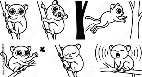 Whimsical line art of baby bush baby poses climbing leaping reaching sleeping and yawning on tree branches close up vector icons
