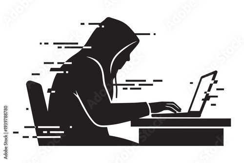 Hacker vector silhouette, using laptop, anonymous person, cyber crime concept, digital data stream effect