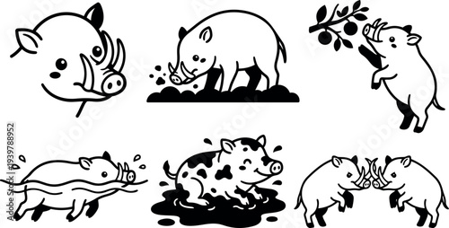 Line art playful pig icon set showing boar head, rooting boar, standing pig reaching berries, swimming and mud play scenes