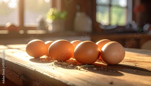 A cluster of brown ovoid forms sits atop a rustic wooden surface, illuminated by a warm, sunlit interior with a blurred background